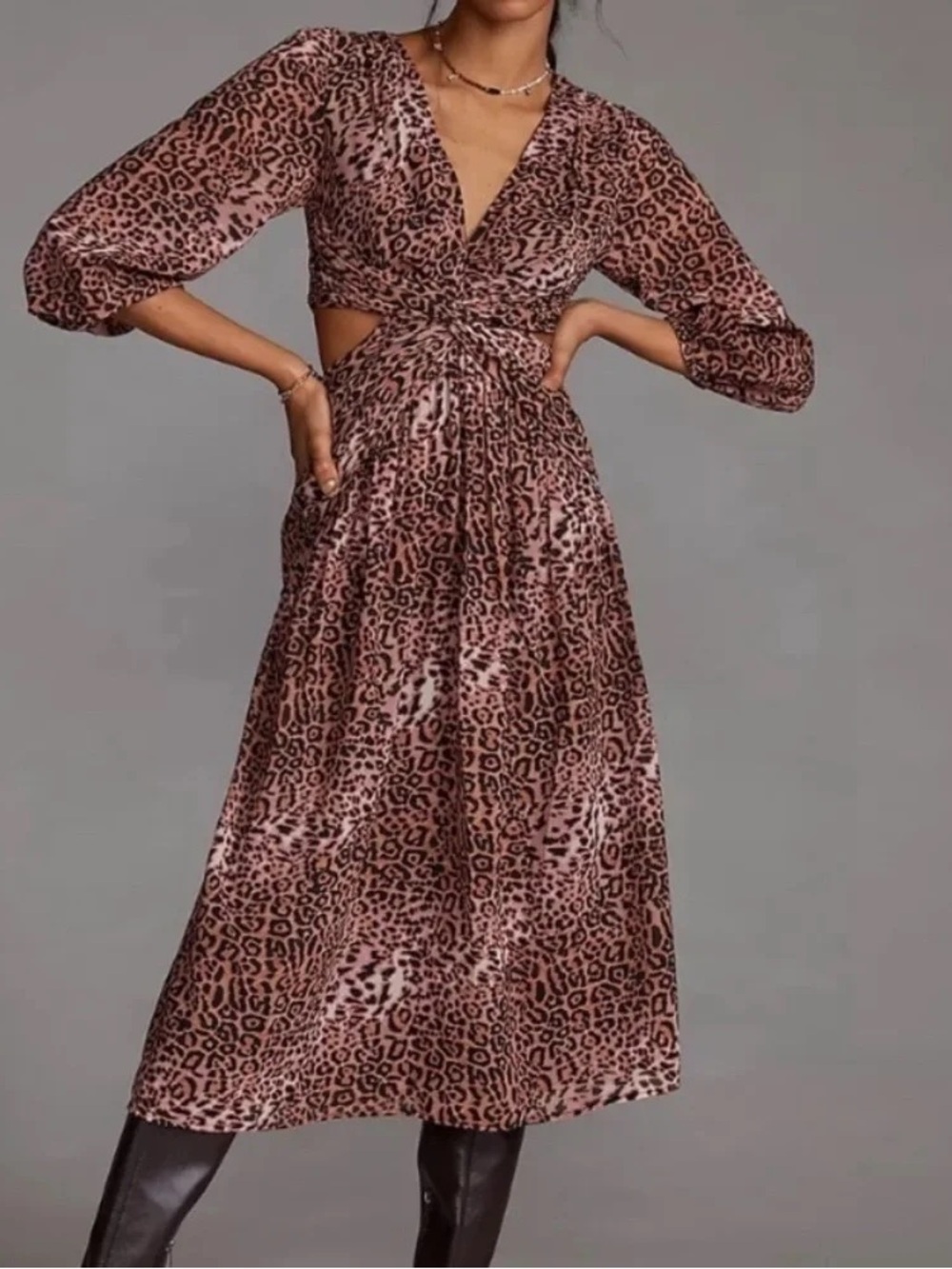 ANTHROPOLOGIE Ranna Gill Cutout Midi Dress Sheetah Animal Print Sz XXS